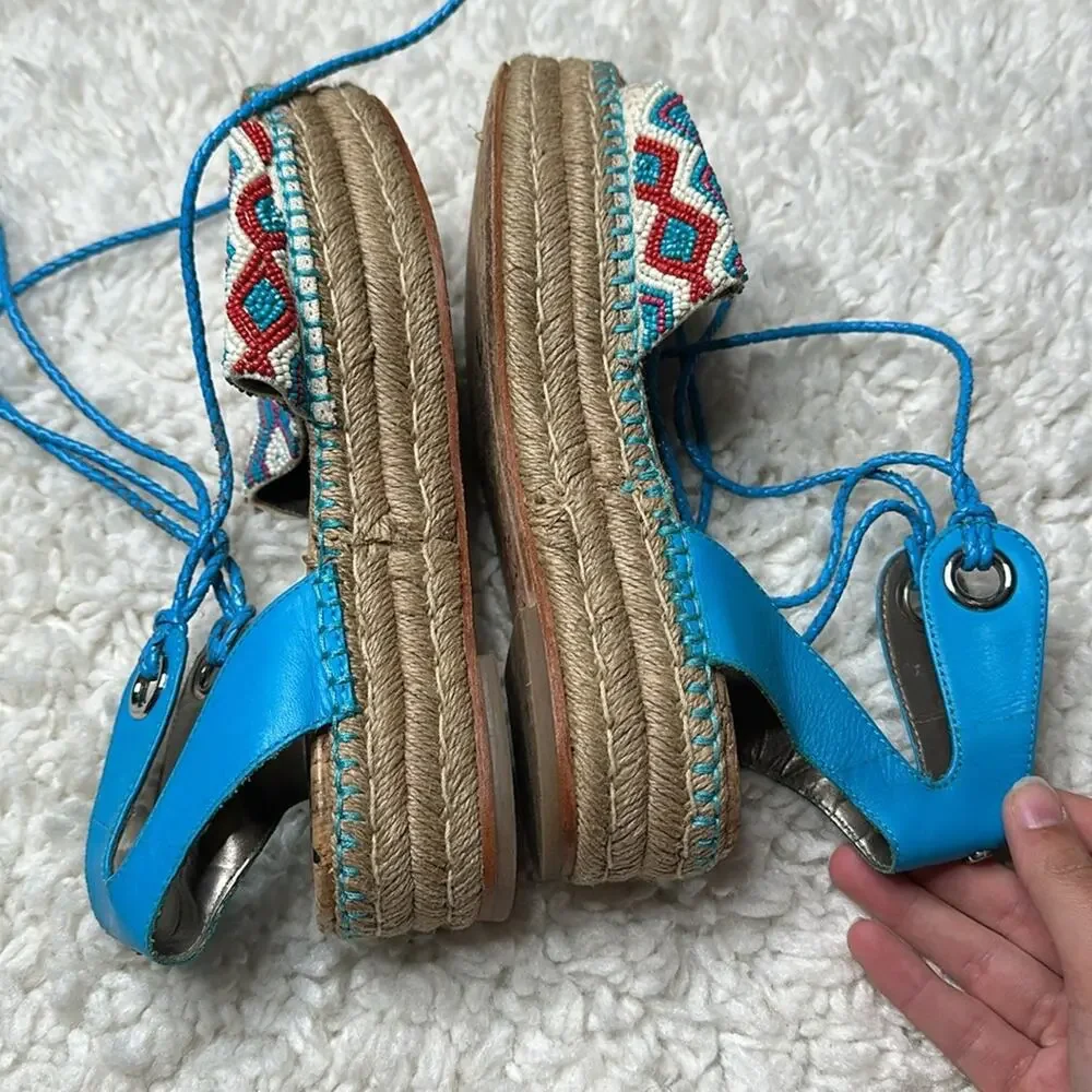 Sam Edelman Colorful Patterned Beaded Women Sandals Lace Up Espadrille Platform